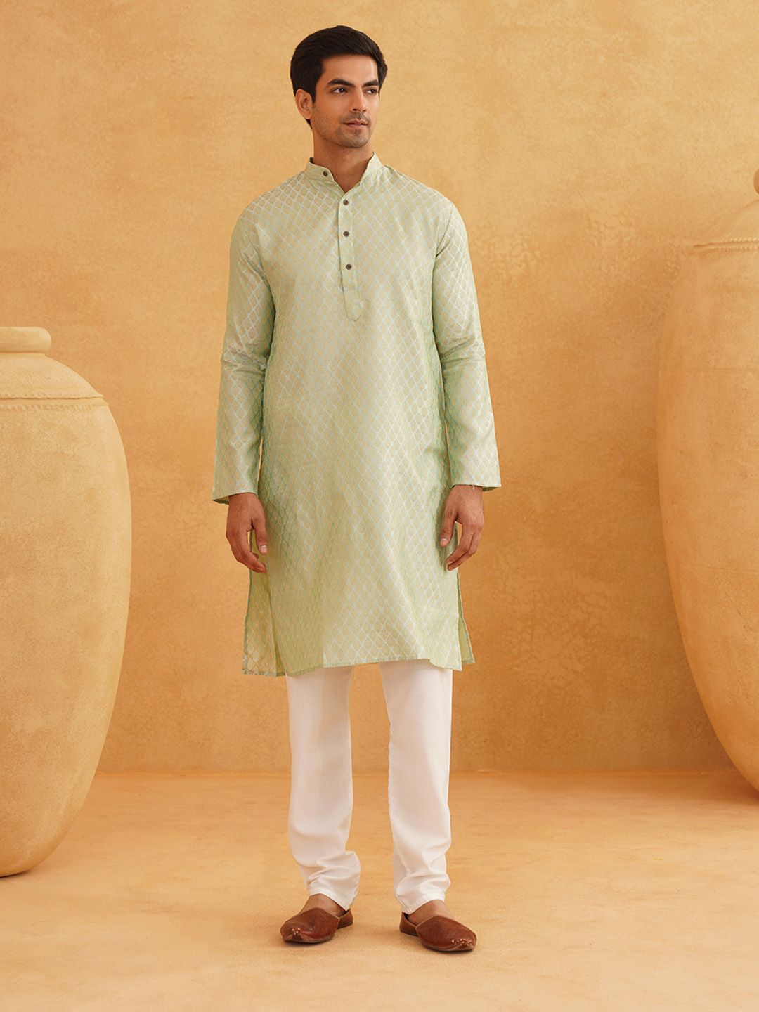 SOJANYA Men Green Ethnic Motifs Woven Design Kurta & Churidar Comes With a Nehru Jacket