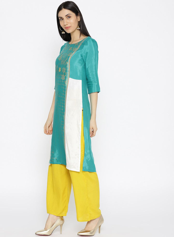 Women Green & White Printed Colourblocked Straight Kurta