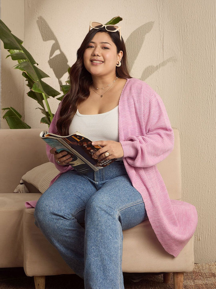 Berrylush Curve Women Plus Size Longline Self Design Open Knit Front-Open Sweaters