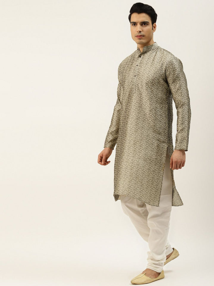 SOJANYA Men Beige Jacquard Silk Kurta with Churidar & Nehru Jacket