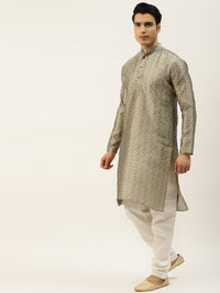 SOJANYA Men Beige Jacquard Silk Kurta with Churidar & Nehru Jacket