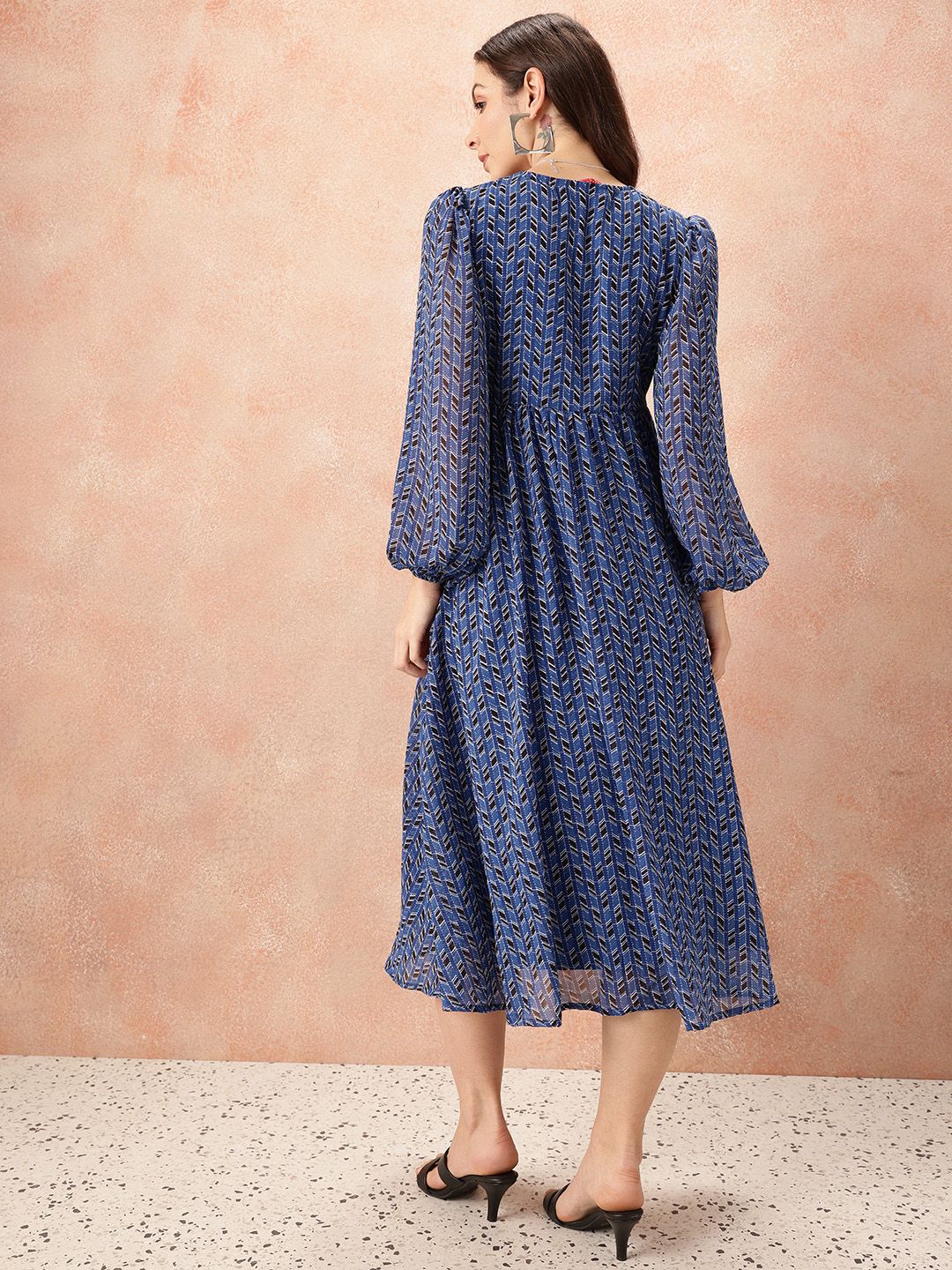 all about you Geometric Print Puff Sleeve Fit & Flare Midi Dress