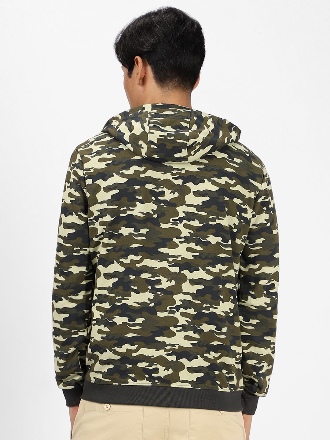 Urbano Fashion Men Olive Green & Black Printed Cotton Hooded Sweatshirt