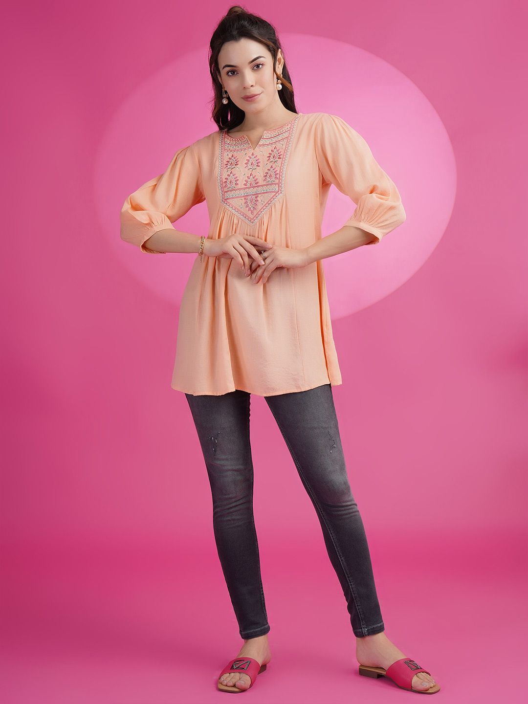 KALINI Floral Embroidered Thread Work A-Line Kurti