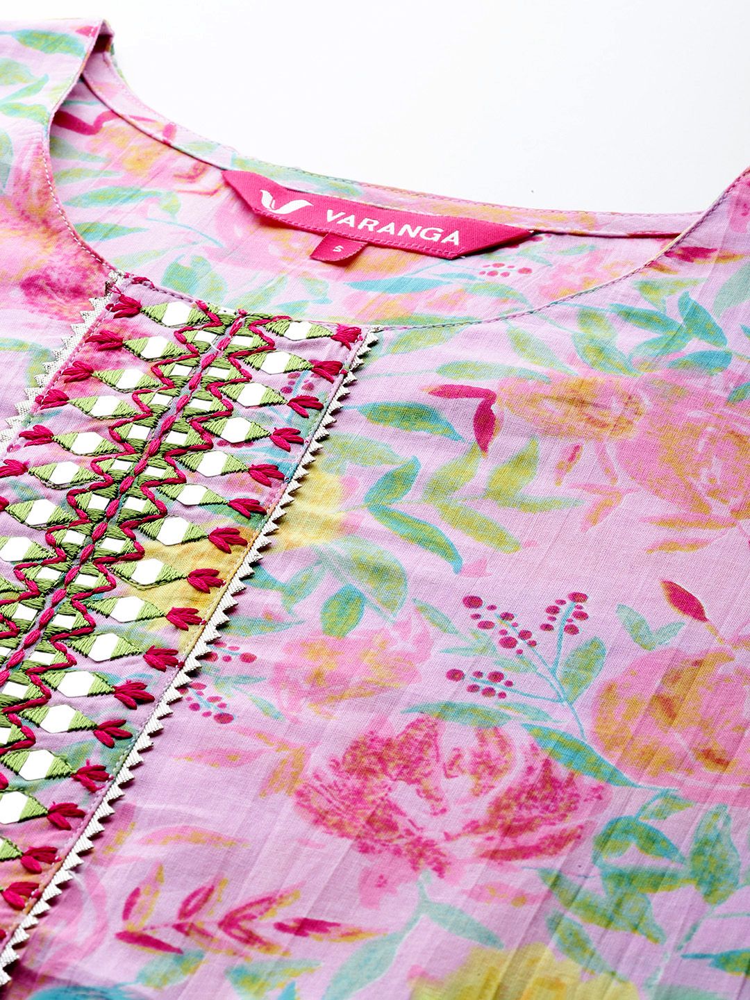 Varanga Floral Printed Mirror Work Pure Cotton Kurta