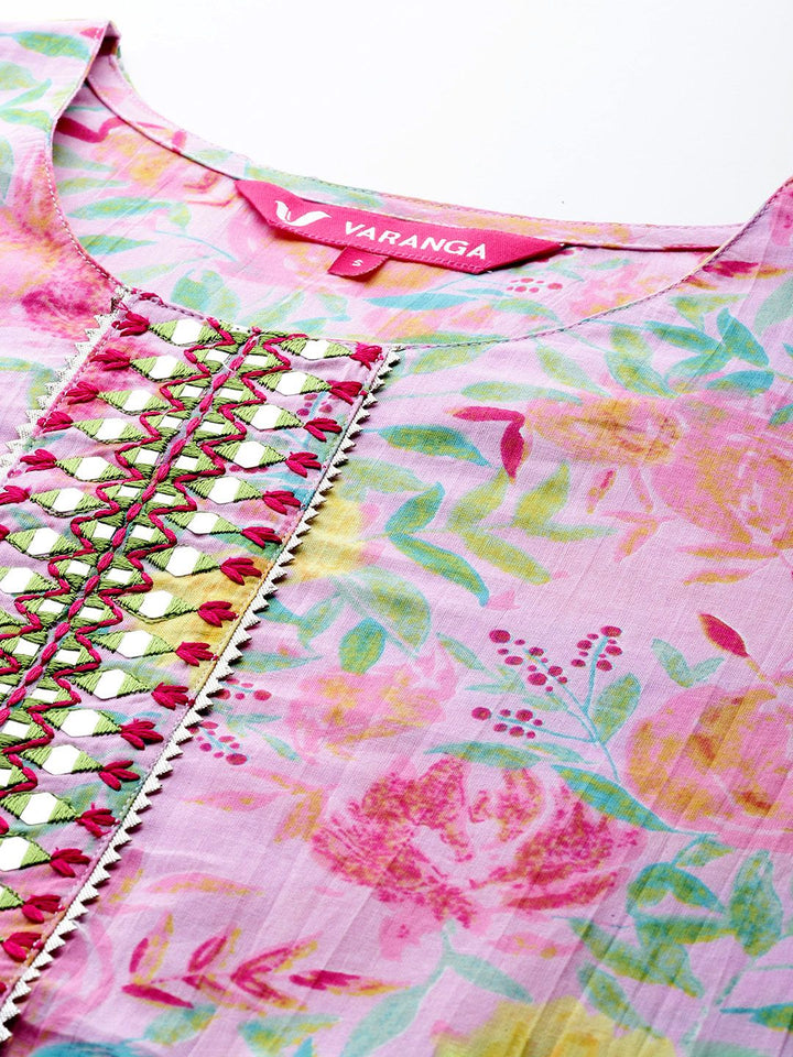 Varanga Floral Printed Mirror Work Pure Cotton Kurta