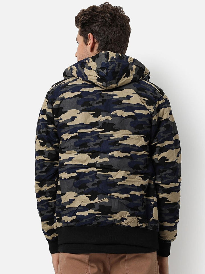 Campus Sutra Men Grey Beige Camouflage Windcheater Outdoor Cotton Tailored Jacket