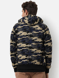 Campus Sutra Men Grey Beige Camouflage Windcheater Outdoor Cotton Tailored Jacket