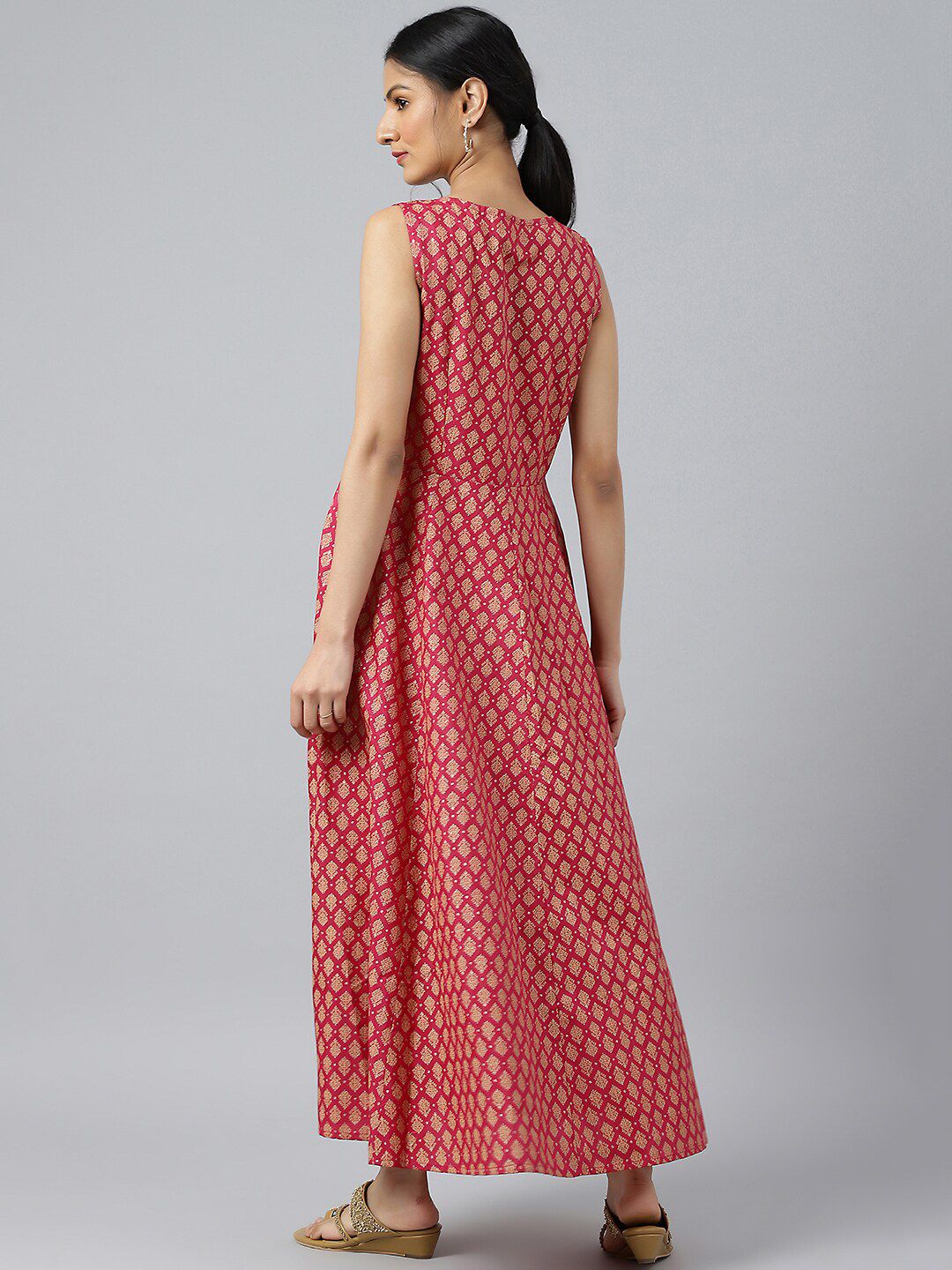 W Pink Ethnic Motifs Chiffon Ethnic Maxi Dress With Tie-Up Waist Coat