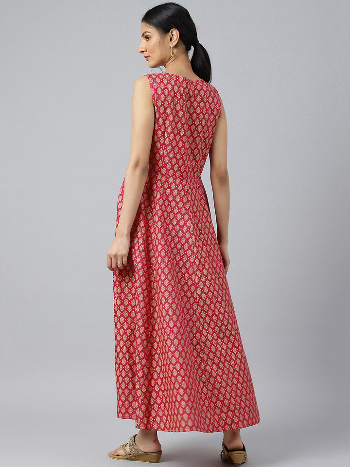 W Pink Ethnic Motifs Chiffon Ethnic Maxi Dress With Tie-Up Waist Coat