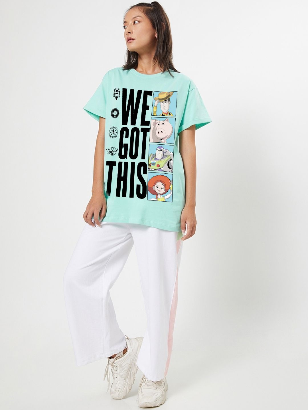 Bewakoof Women Typography Printed Round Neck Pure Cotton Oversized Toy Story T-shirt