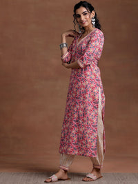 Libas V Neck Floral Printed Pure Cotton Straight Kurta with Patiala & Dupatta