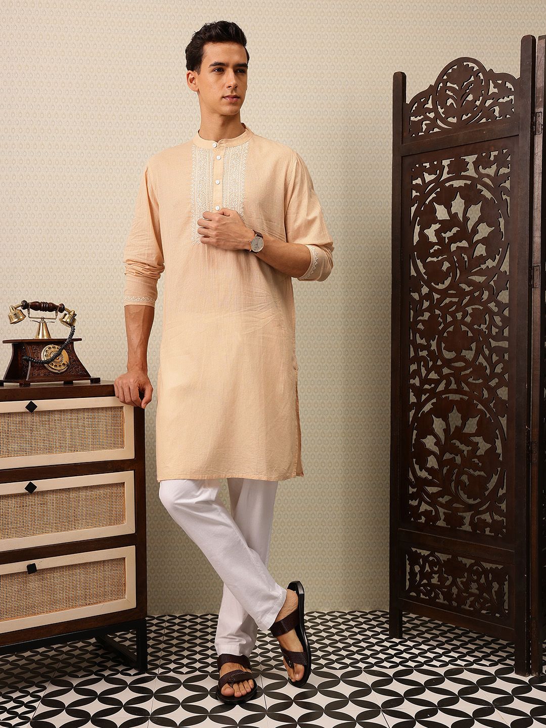 House of Pataudi Striped & Embroidered Jashn Kurta