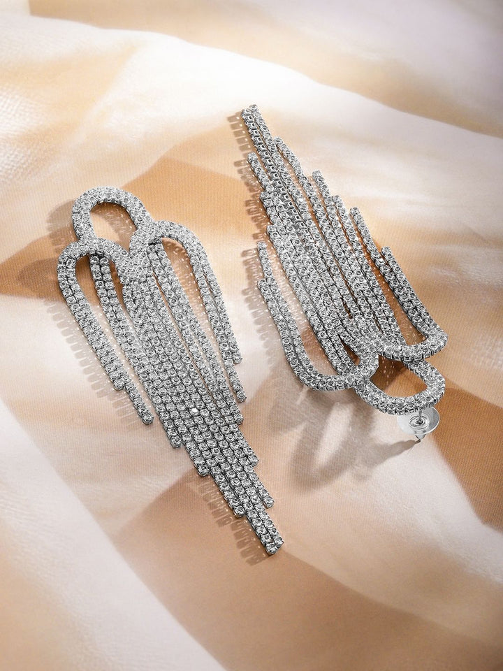 Rubans Rhodium-Plated Crystal Crystal Studded Contemporary Drop Earrings