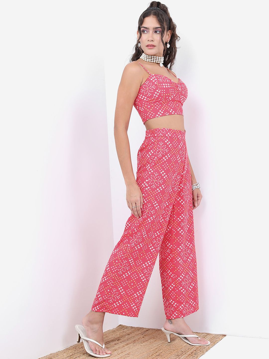 Vishudh Pink Bandhani Printed Crop Top With Trousers & Jacket