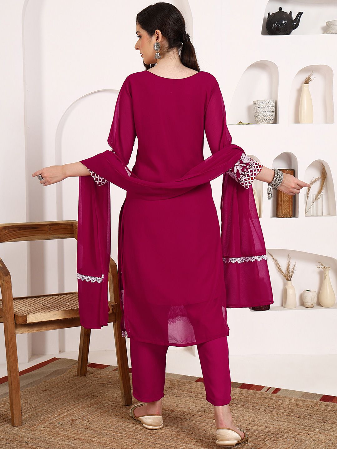 KALINI Floral Embroidered Chikankari Georgette Straight Kurta With Trousers & Dupatta