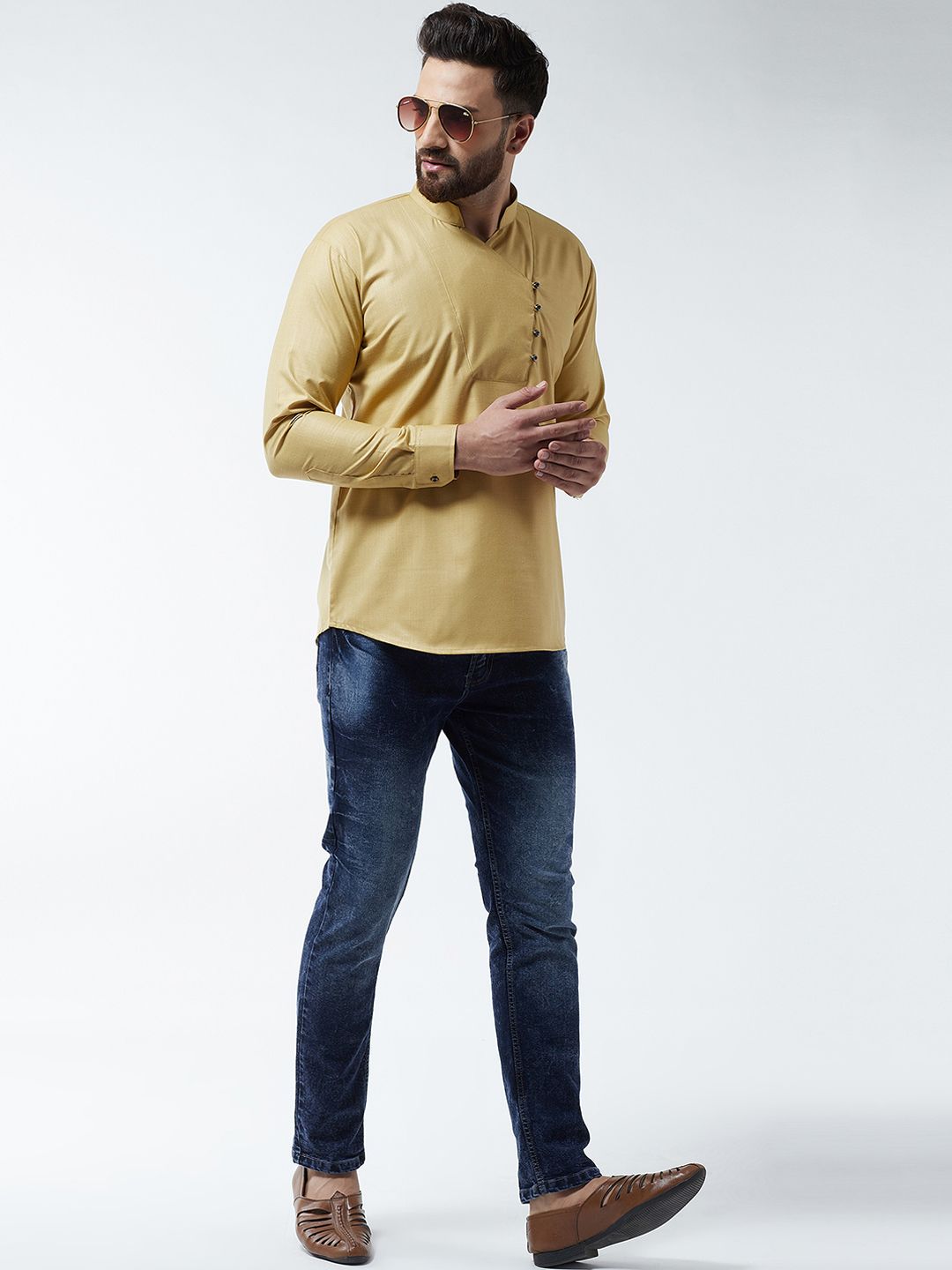 SOJANYA Men Gold-Coloured Solid Straight Kurta
