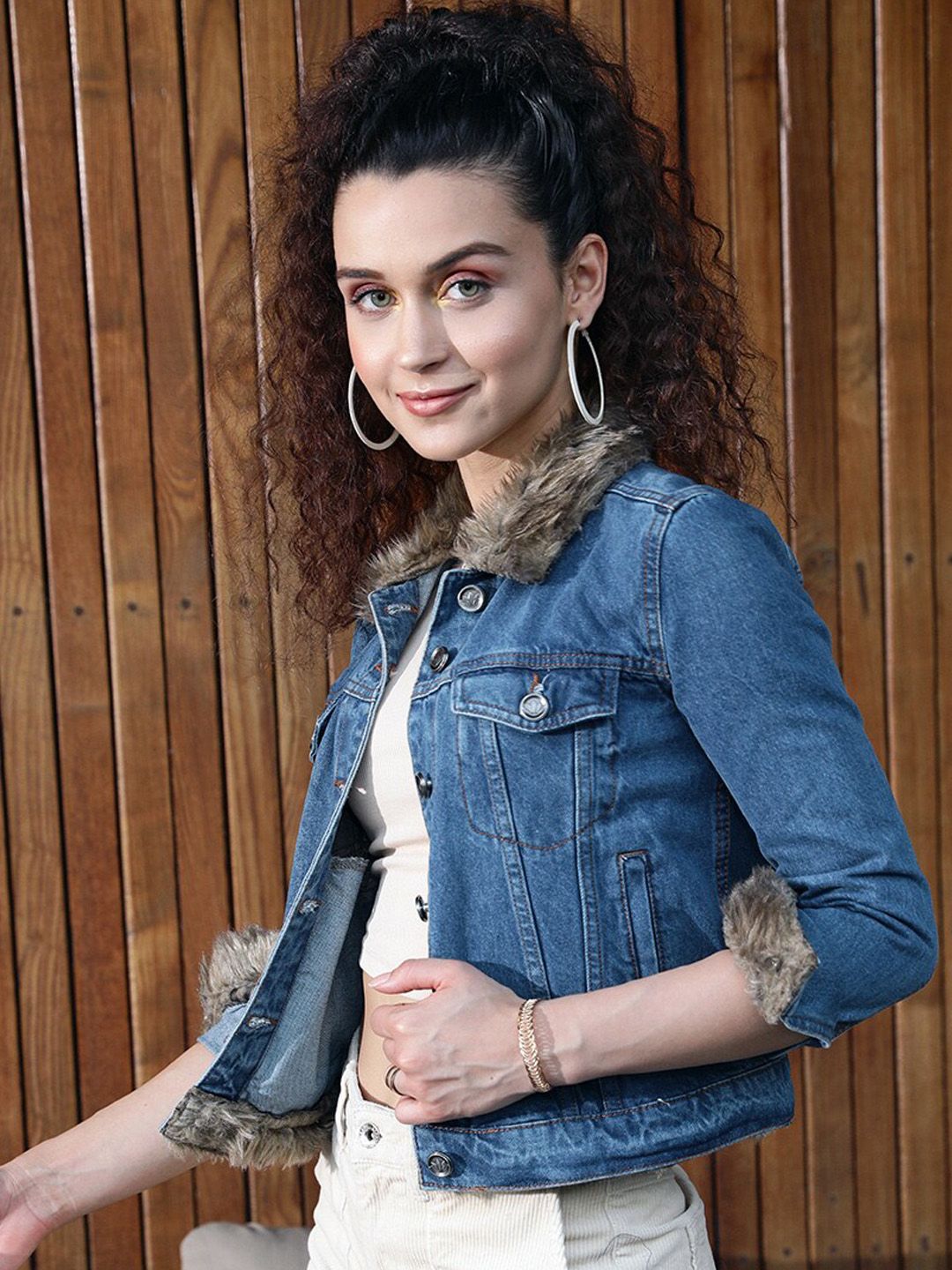STREET 9 Women Blue Brown Cotton Denim Jacket