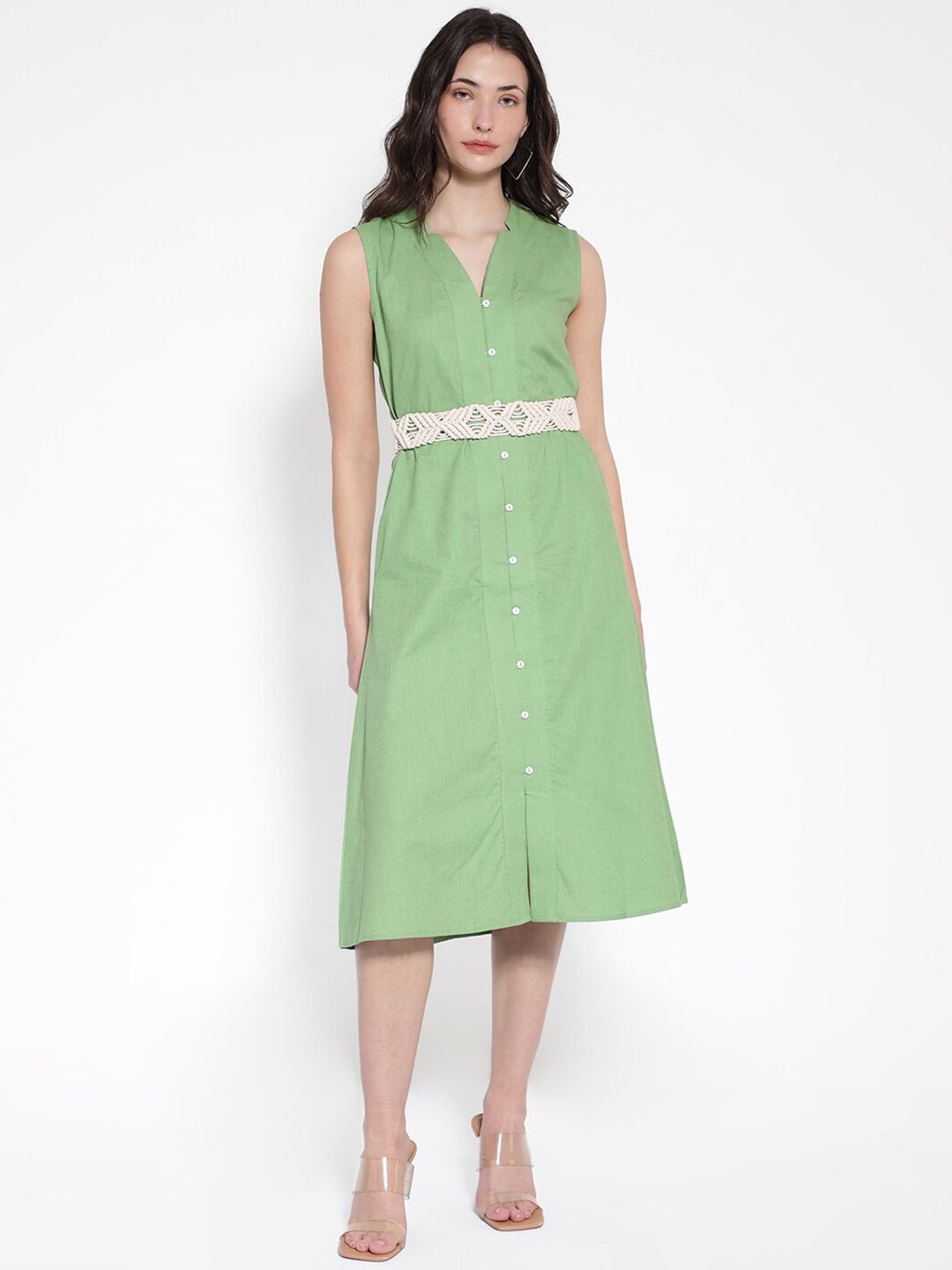 Rareism v Linen Linen A-Line Midi Dress