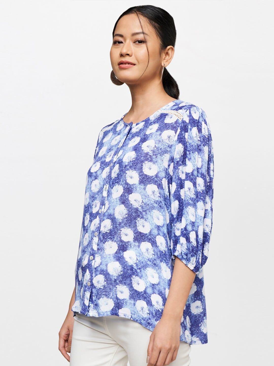 Global Desi Blue Floral Printed Three Quarter Sleeves Top