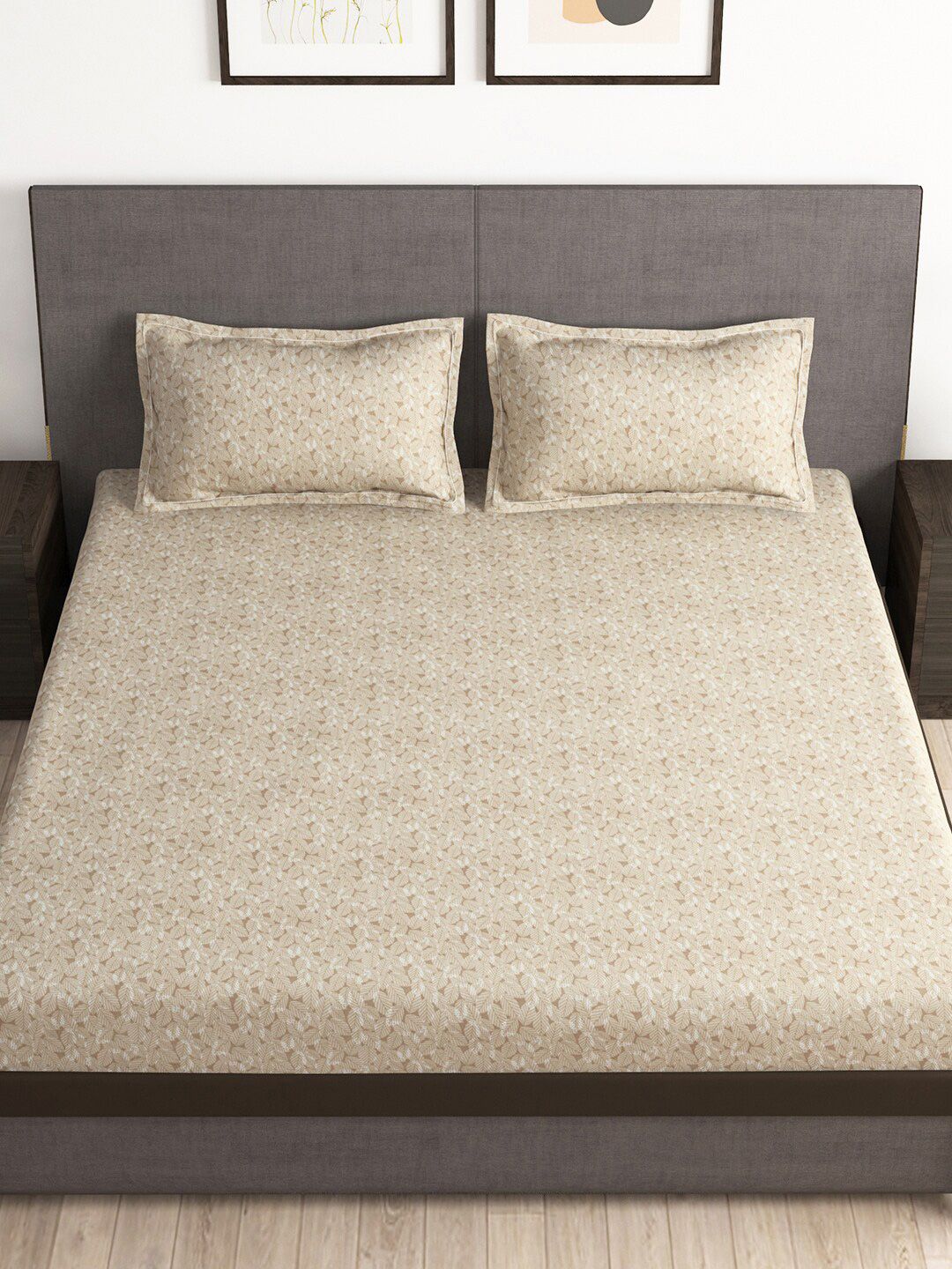 Story@home Tango Tan & White Microfiber Floral King Bedsheet With 2 Pillow Covers
