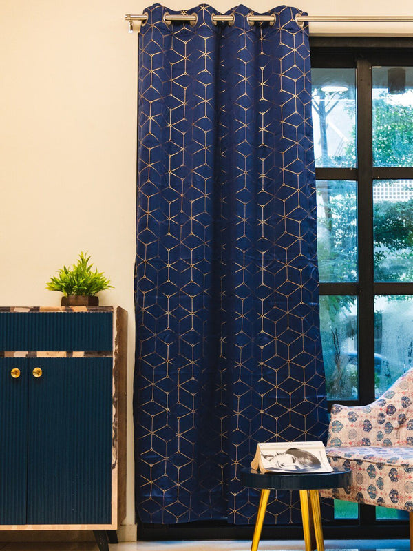 URBAN SPACE Navy Blue & Gold-Toned Geometric Black Out Door Curtain
