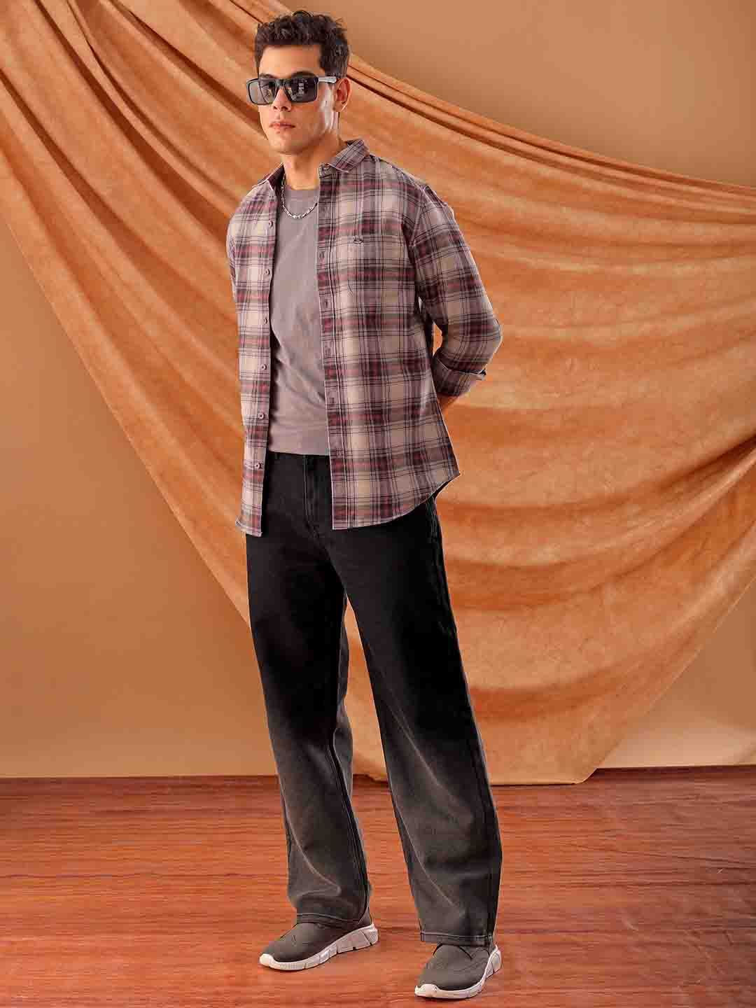 The Indian Garage Co. Spread Collar Slim Fit Tartan Checks Cotton Casual Shirt