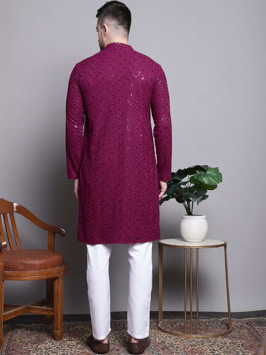 Jompers Geometric Self Design Sequinned Pure Cotton Straight Kurta With Pyjamas