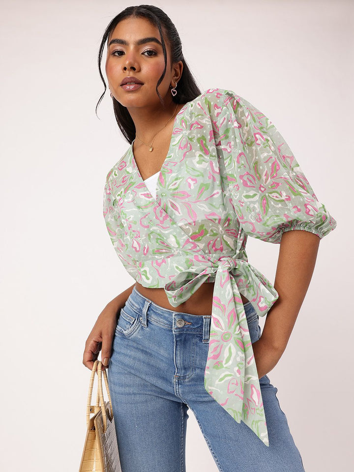 DressBerry Trendy Blossom Print Semi Sheer Crop Wrap Top With Inner Slip