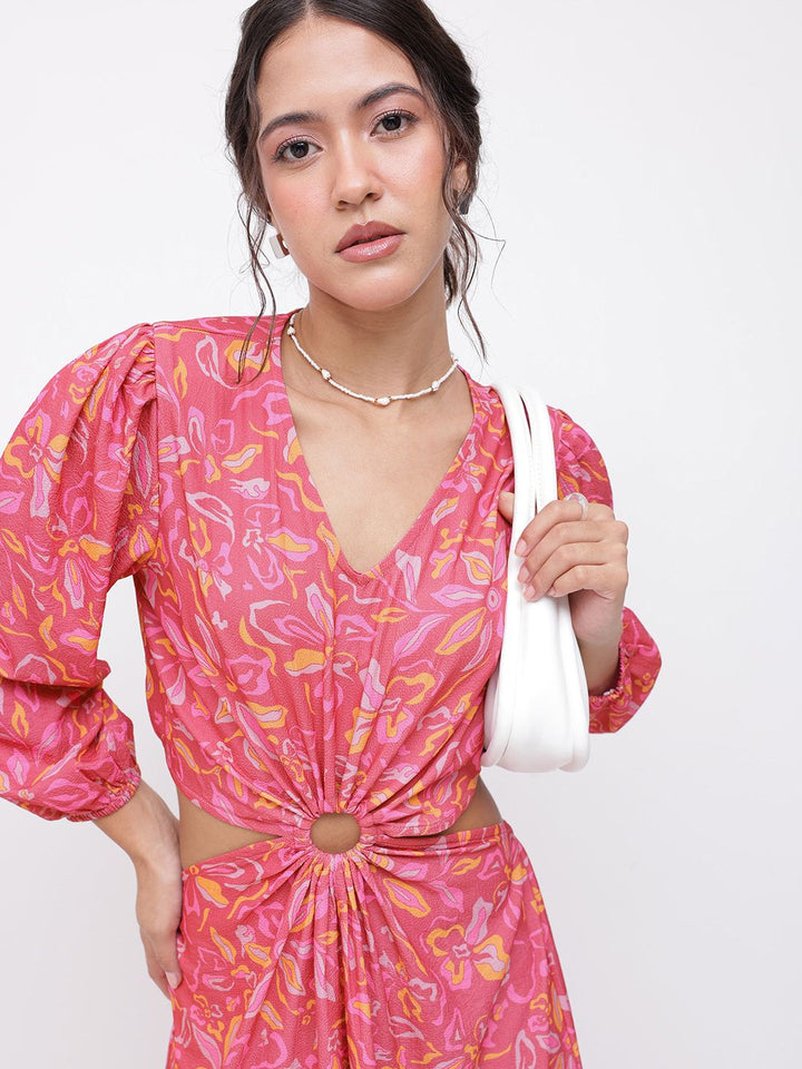 DressBerry Boho-Chic V-Neck Floral Print Cut-Out A-line Midi Dress