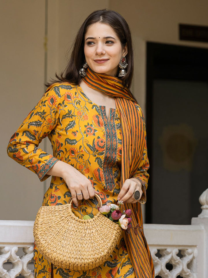 KALINI Floral Printed Regular Cotton Blend Kurta with Trousers With Dupatta