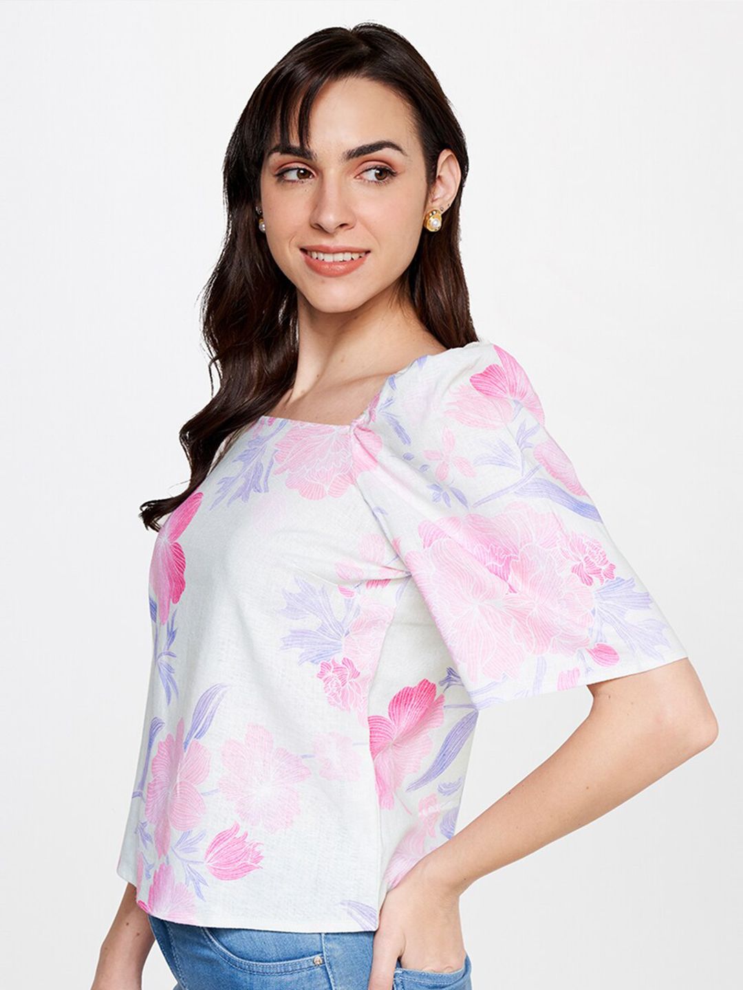 AND Floral Printed Puff Sleeves Linen Top