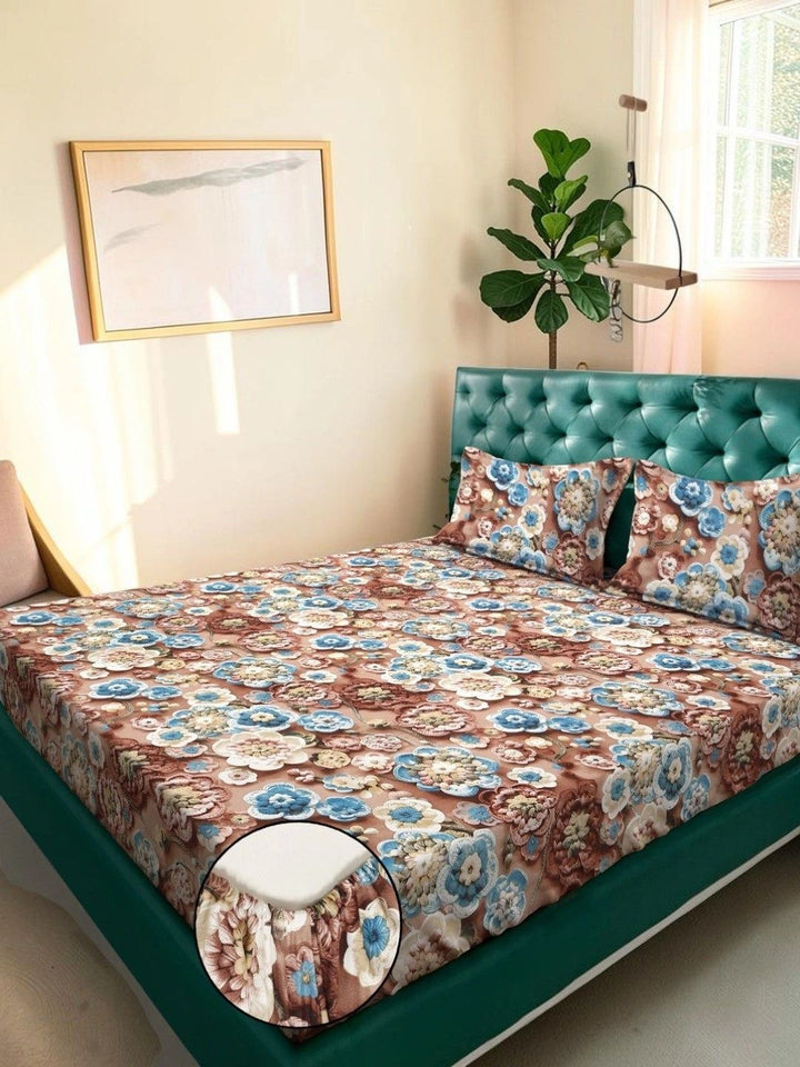 Moda Rapido X KLOTTHE Coklat & Biru Bunga 300 TC Cadar King dengan 2 Sarung Bantal