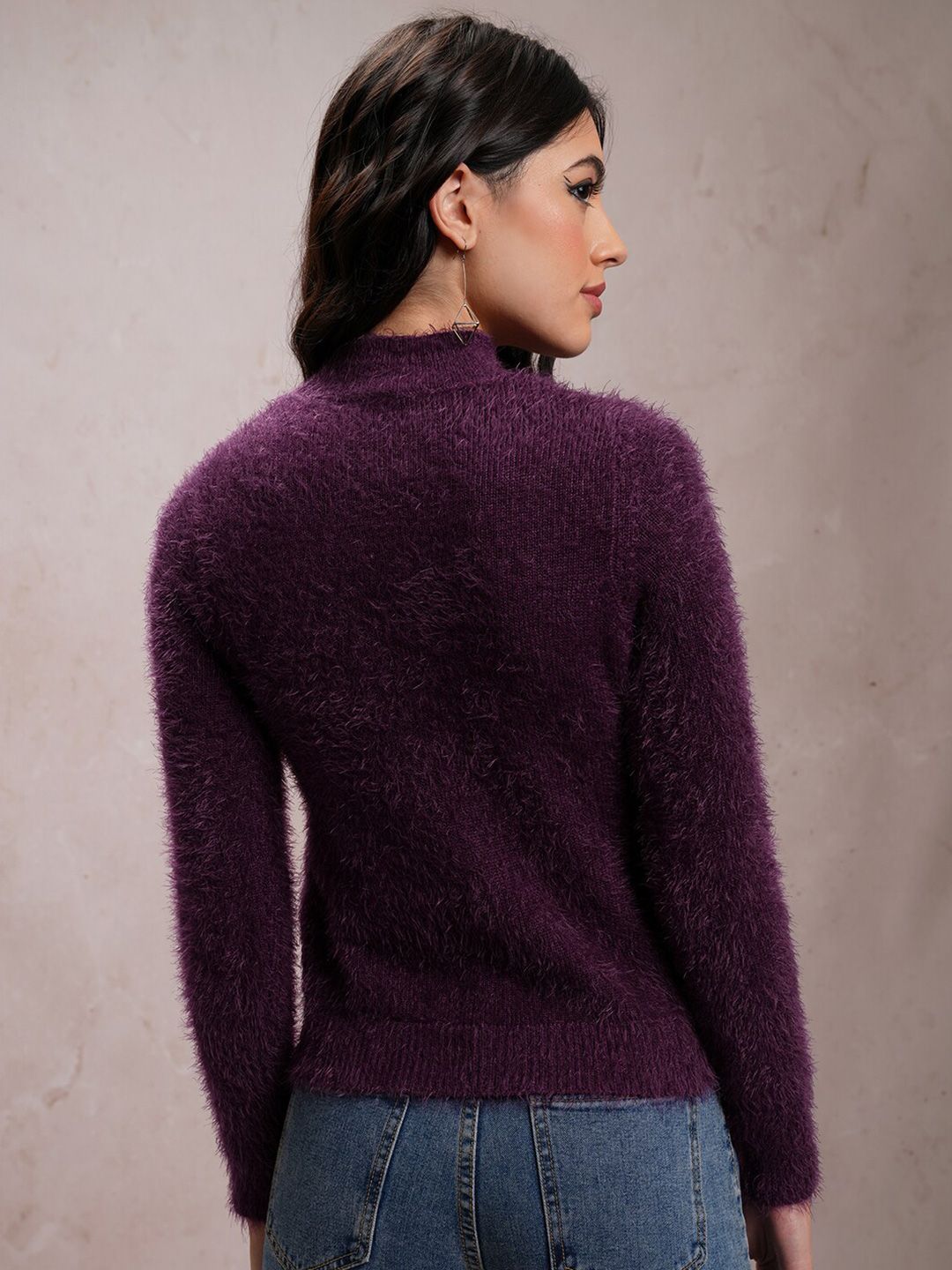 Tokyo Talkies Purple Embellished High Neck Acrylic Pullover