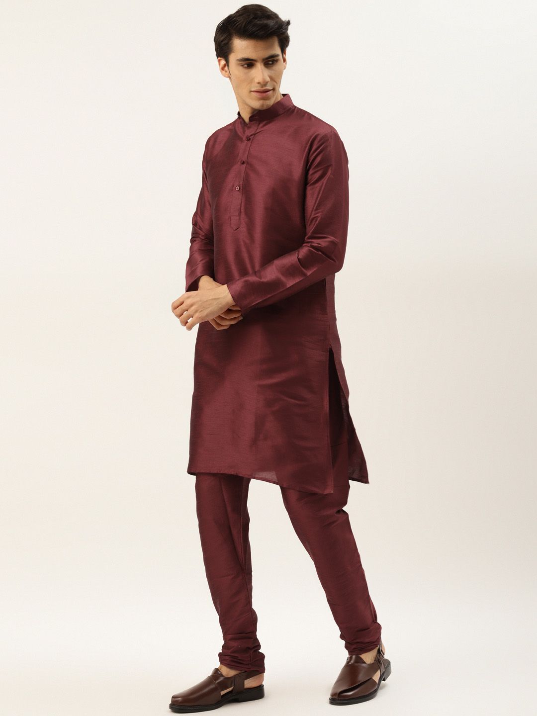SOJANYA Men Maroon & Olive Green Jacquard Woven Design Kurta with Churidar & Nehru Jacket