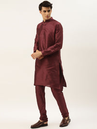 SOJANYA Men Maroon & Olive Green Jacquard Woven Design Kurta with Churidar & Nehru Jacket