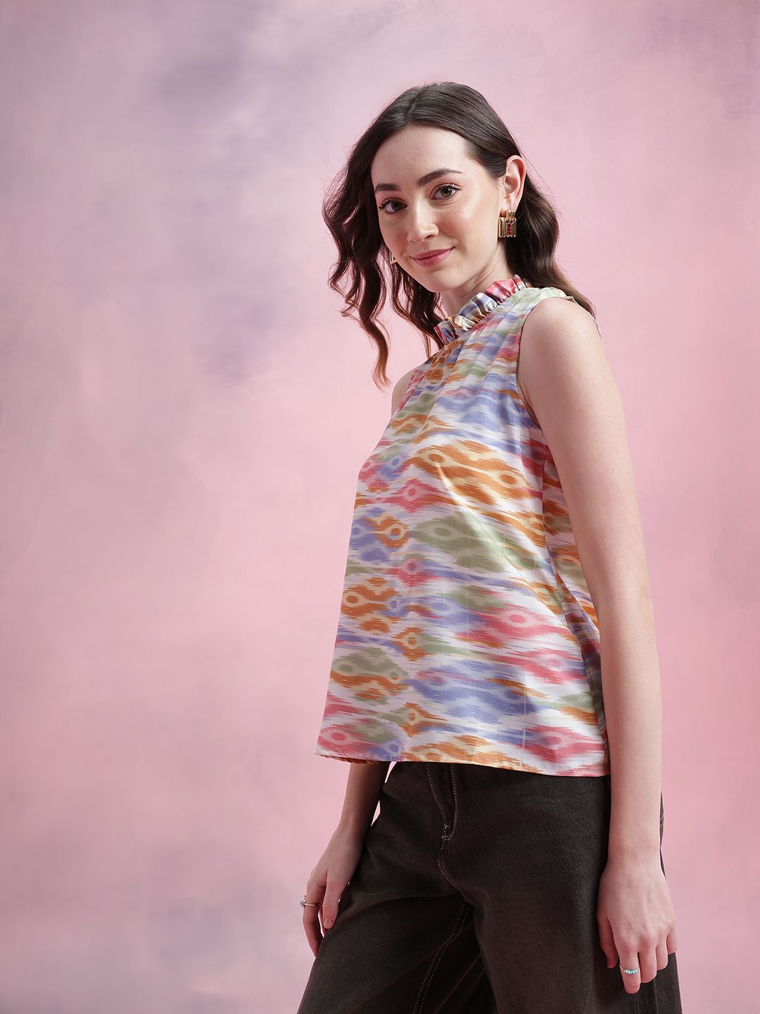 DressBerry Ikat Print Ruffled Detail Top
