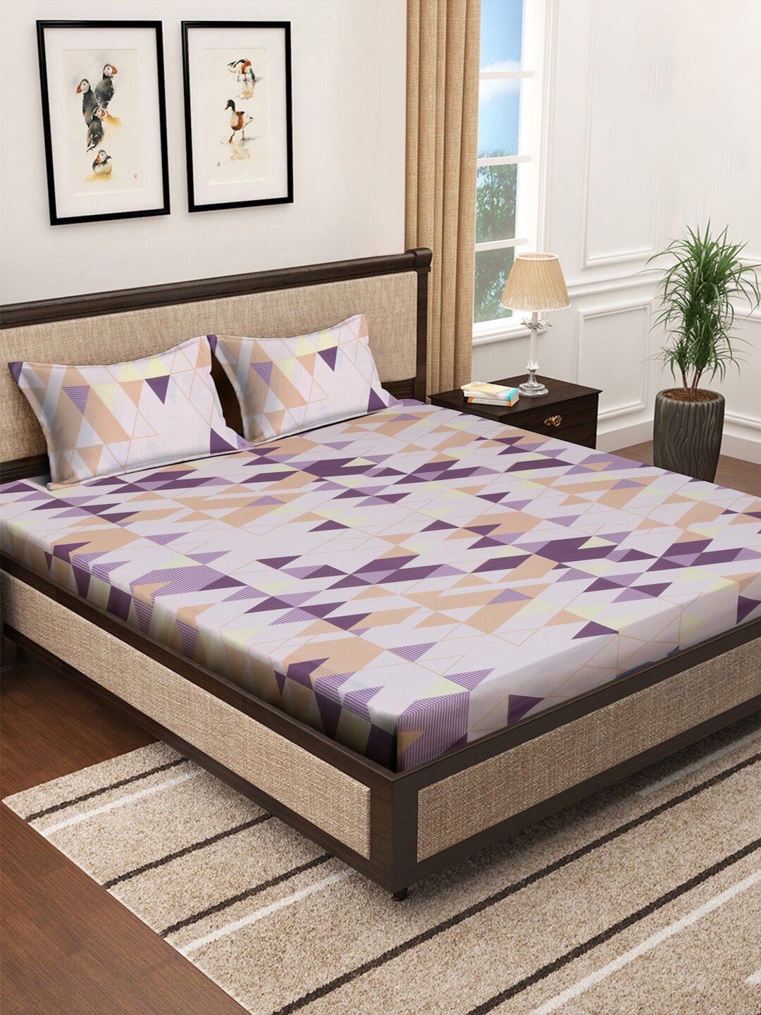 KLOTTHE Green Geometric Printed Dilengkapi 400 TC Kapas Cadar King & 2 Sarung Bantal