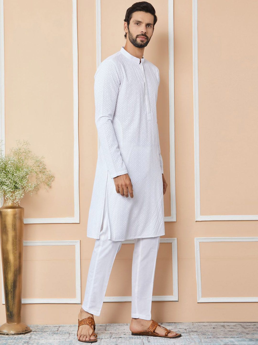 See Designs Floral Embroidered Mandarin Collar Pure Cotton Straight Kurta With Trousers