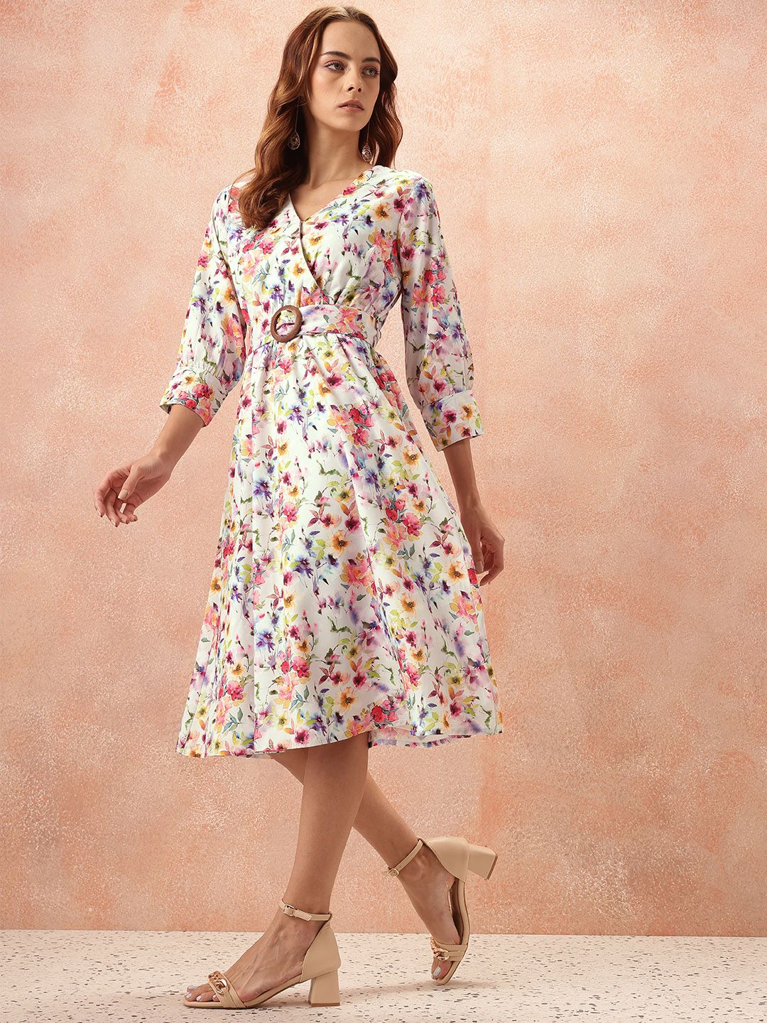 all about you Floral Print Wrap-Style Dress With Belt
