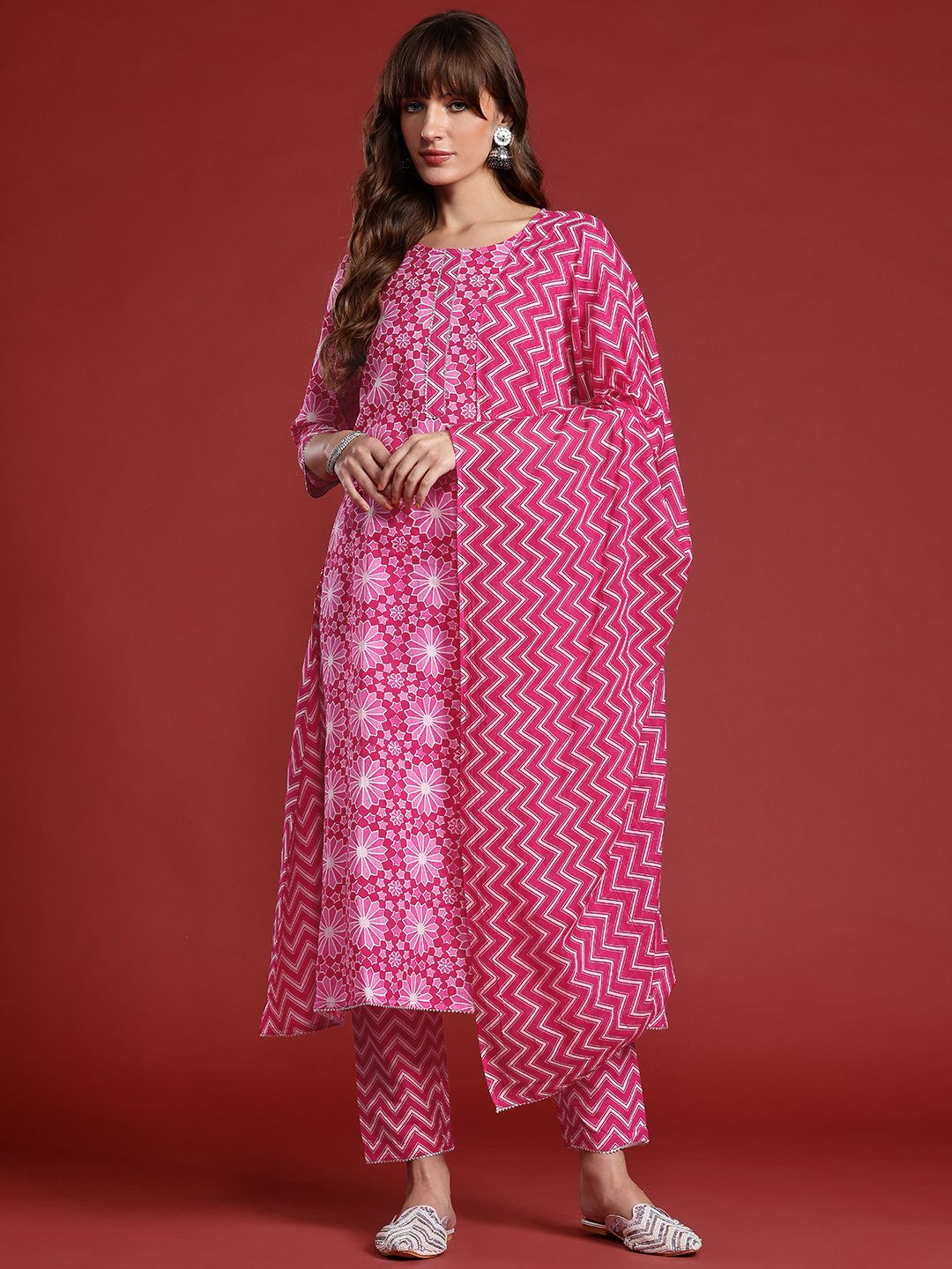 Anouk Ethnic Print Panelled Gotta Patti Detail Pure Cotton Kurta with Trousers & Dupatta