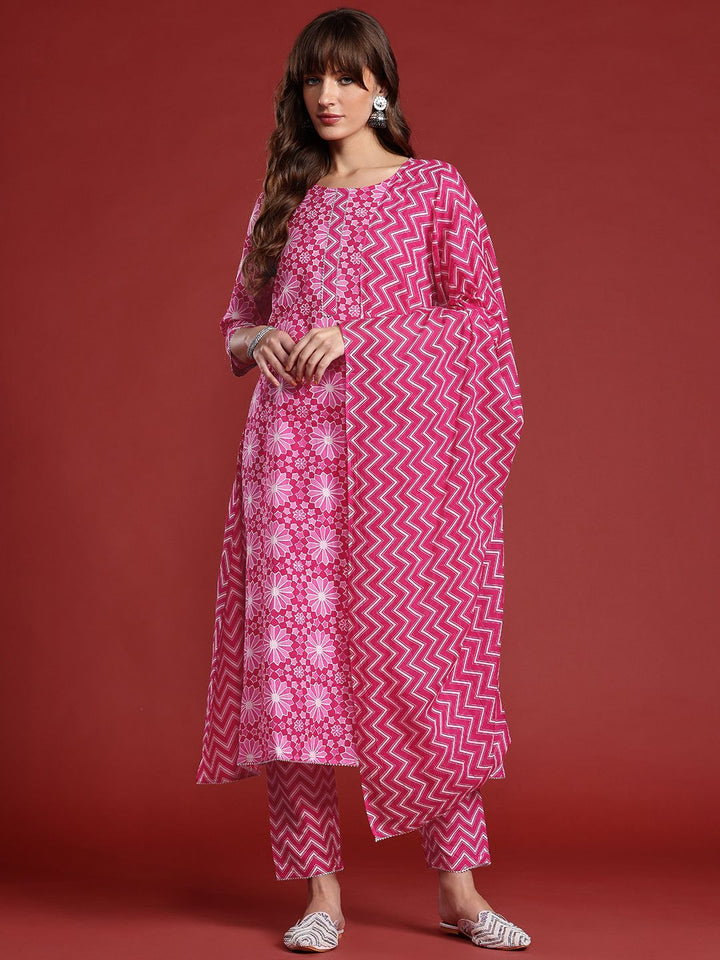 Anouk Ethnic Print Panelled Gotta Patti Detail Pure Cotton Kurta with Trousers & Dupatta