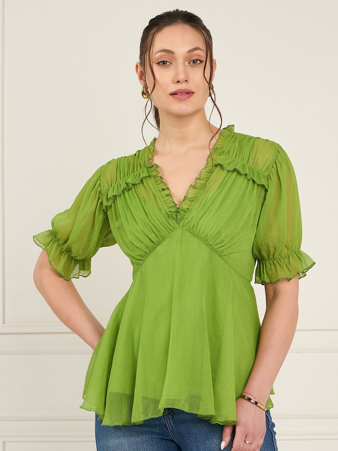 Antheaa Puff Sleeve Chiffon Empire Top
