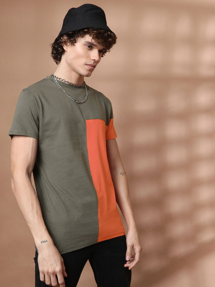 The Indian Garage Co Men Grey  Orange Colourblocked Round Neck Pure Cotton T-shirt