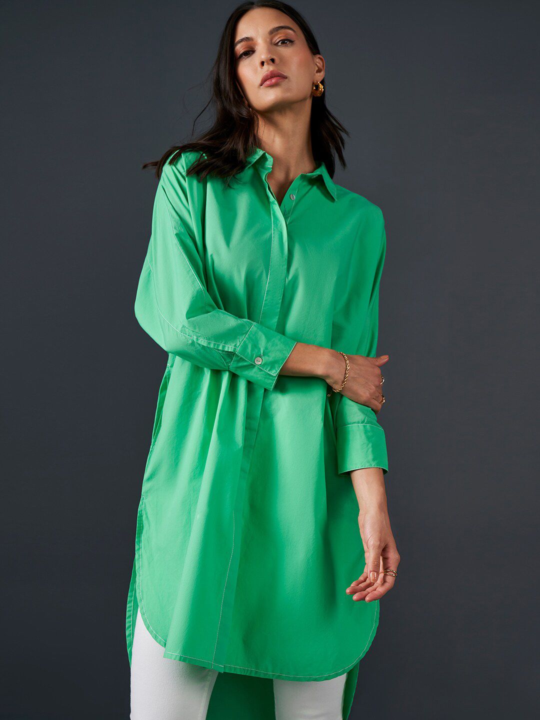 AND Spread Collar Cuff Sleeves Shirt Style Longline Cotton Top