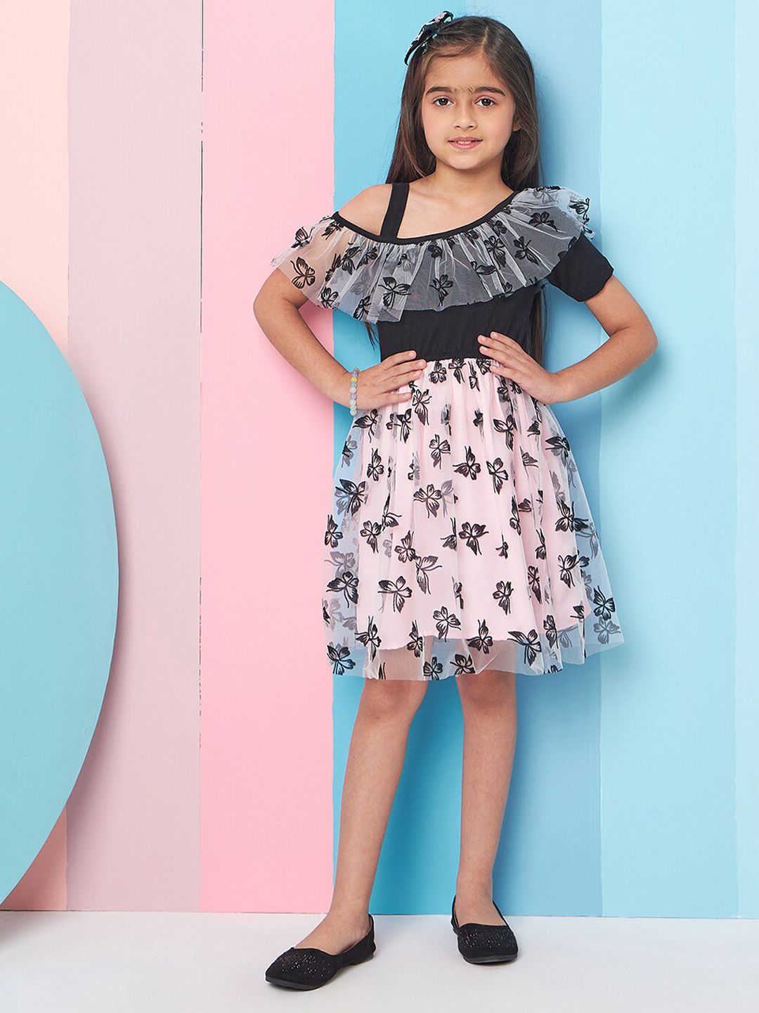 pspeaches Girls Floral Print Cold-Shoulder Woollen Net Fit & Flare Dress
