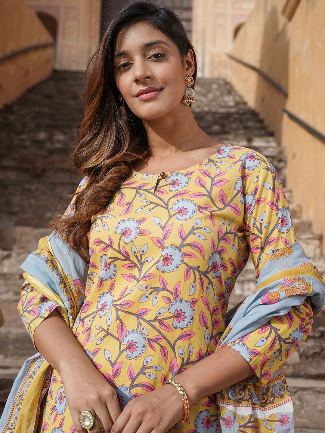 KALINI Floral Printed Keyhole Neck Pure Cotton Kurta with Trousers & Dupatta