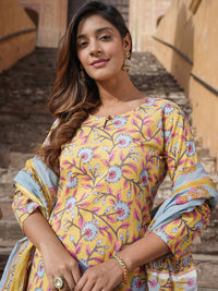 Kalini Floral Printed Keyhole Neck Pure Cotton Kurta dengan Seluar & Dupatta
