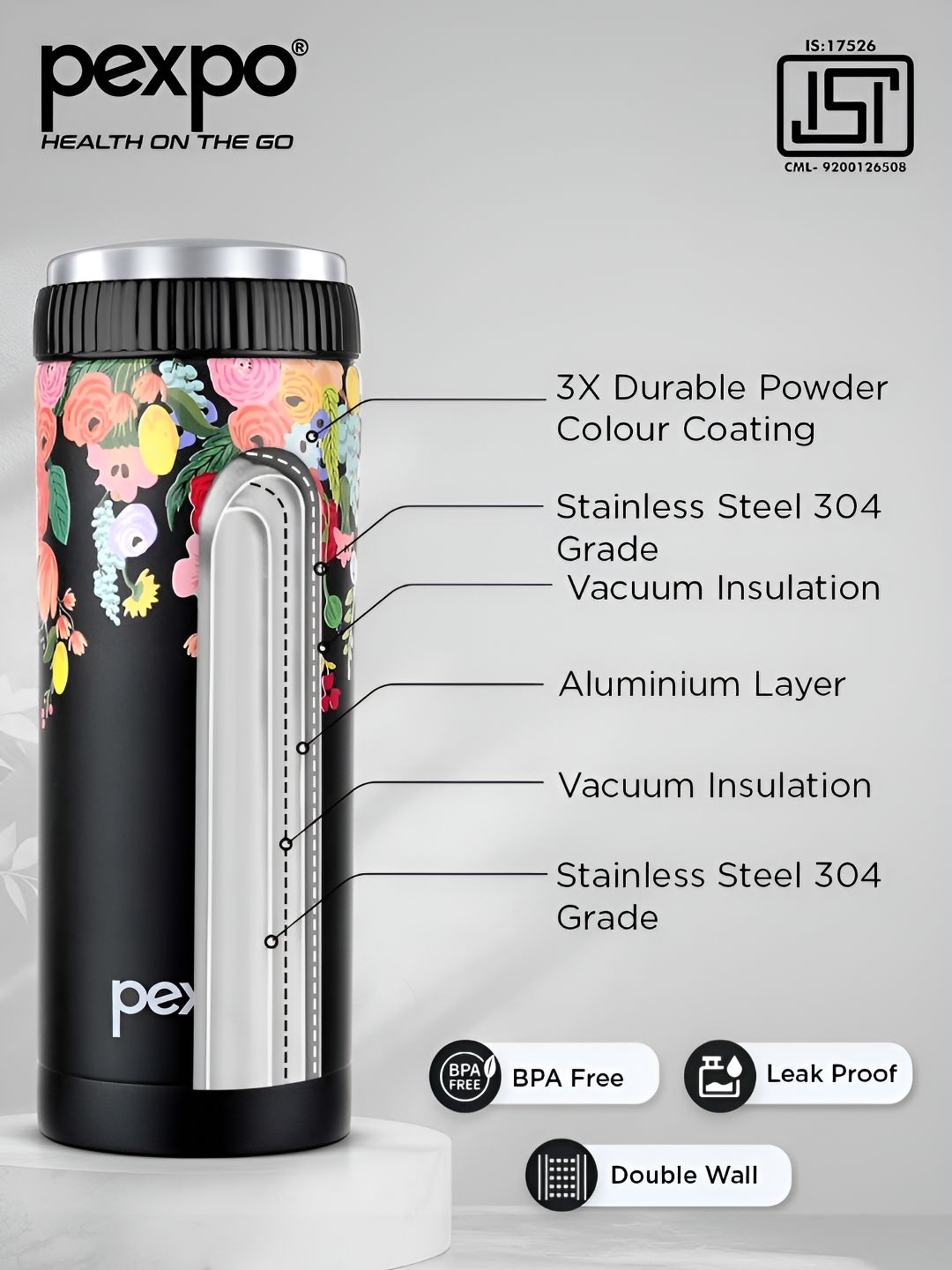 Pexpo Black & Pink Floral Printed Stainless Steel Double Wall Vacuum Water Bottle 430ml