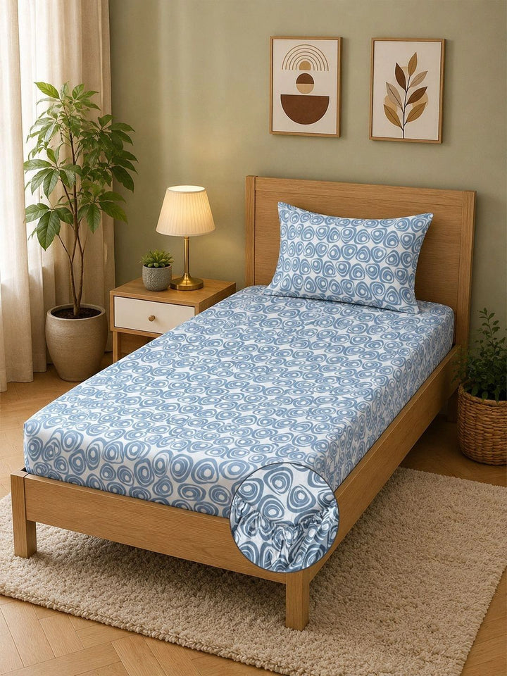 Moda Rapido X KLOTTHE Blue & White Geometric 300 TC Single Bedsheet with 1 Pillow Covers